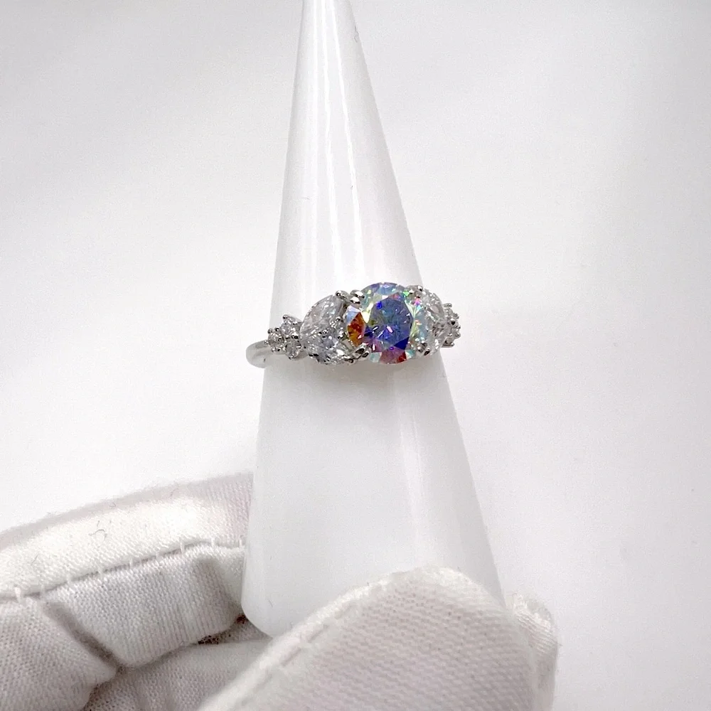 .925 Sterling Silver Iridescent Rainbow CZ Ring